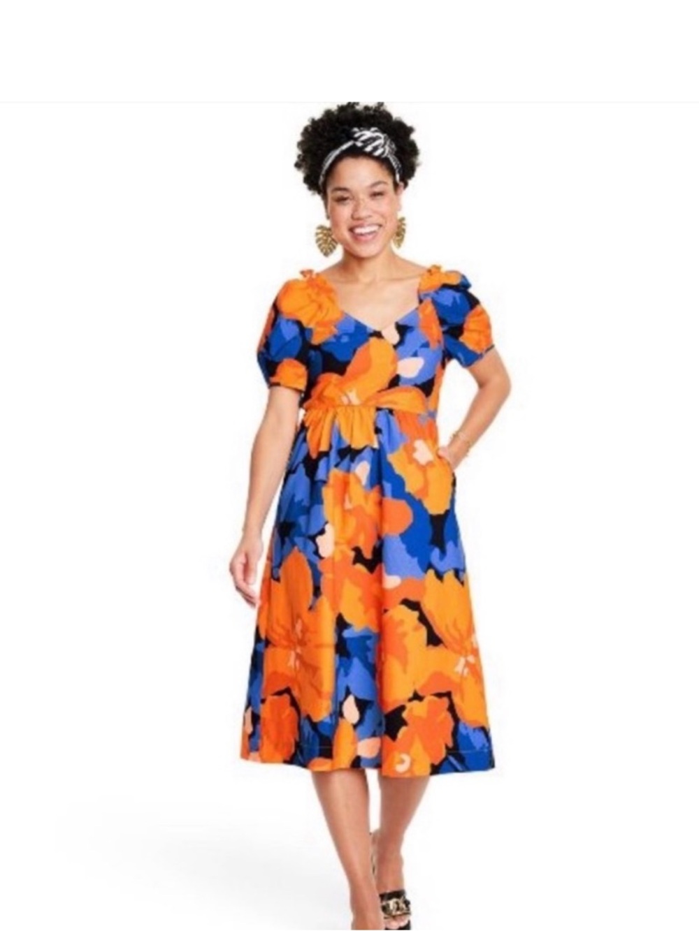 Tabitha Brown Vibrant Orange & Blue Floral Midi Dress